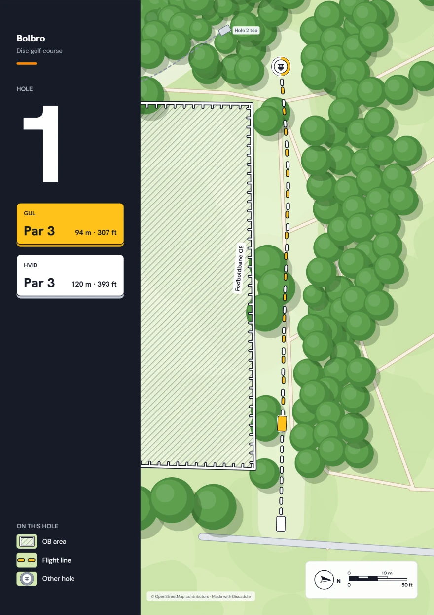Tee-skilt til hul 1 på Bolbro: par 3, 94 m gul og 120 m hvid, OB-område til venstre.
