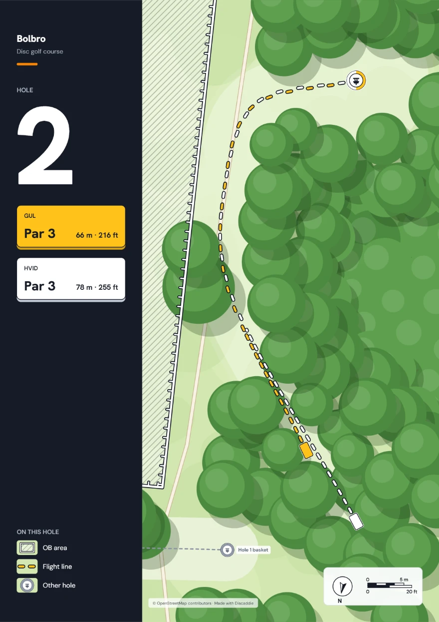 Tee-skilt til hul 2 på Bolbro: par 3, 66 m gul og 78 m hvid, OB-område til venstre.