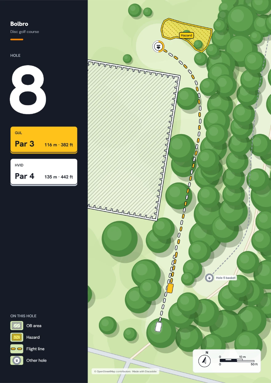 Tee-skilt til hul 8 på Bolbro: par 3 på 116 m fra gul og par 4 på 135 m fra hvid, et OB-område til venstre og en hazard.