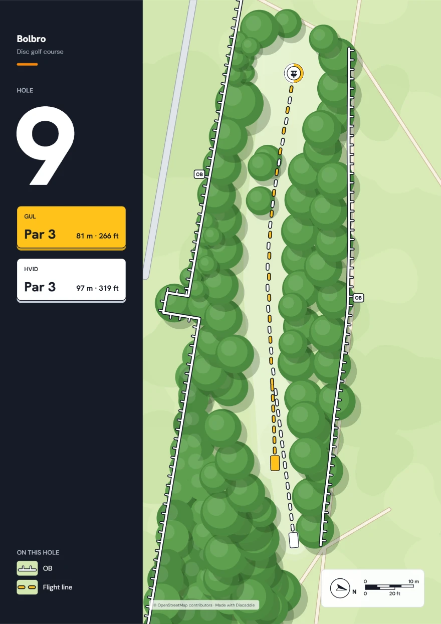 Tee-skilt til hul 9 på Bolbro: par 3, 81 m gul og 97 m hvid, OB på begge sider.