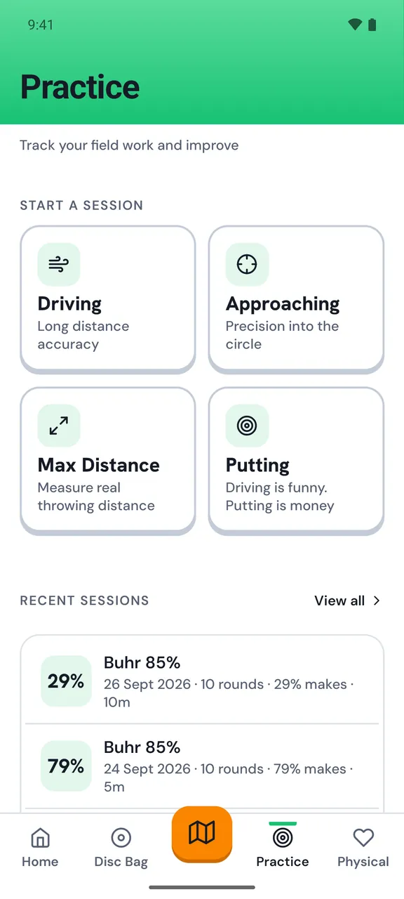 Practice session menu